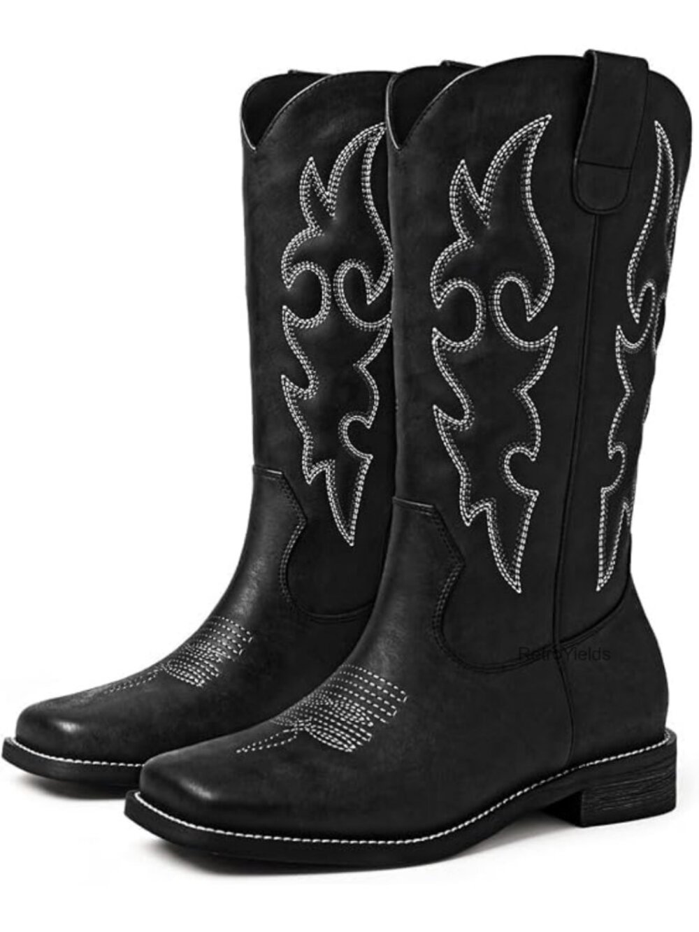 Women's Square Toe Mid Calf Western Cowboy Boots Padded Embroidery Pull On